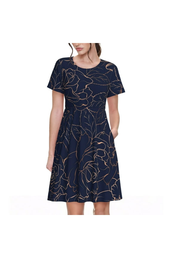 Navy Dark Blue Pattern Women’s Short Sleeve Dress – Casual Elegant Summer A-Line Dress for Everyday Wear