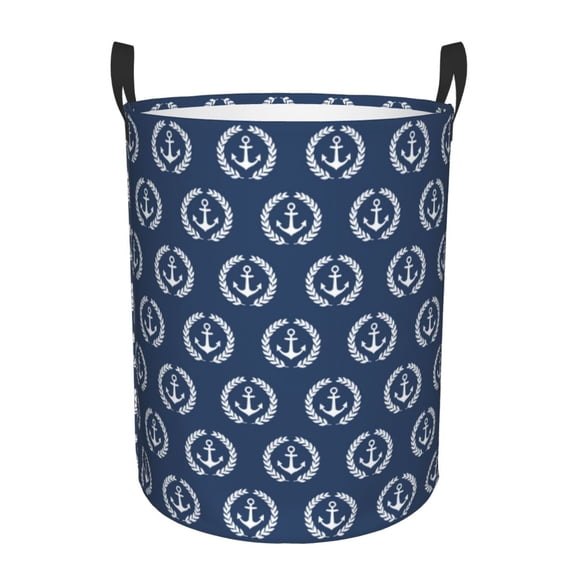 Rateoe Navy Nautical Pattern Round Laundry Hamper Basket, Tall Hamper Basket for Blanket Storage, Nursery Clothes Hamper for Laundry in Bedroom and College Dorm-Medium