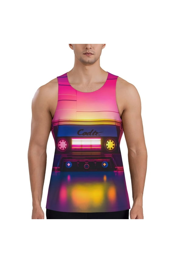 Neon Cassette Tape Pattern Sleeveless Gym Shirt Muscle Tee Breathable Workout Shirt Slim-Fit Tank Quick Dry Fit Muscle Tank Top Bodybuilding Sleeveless T Shirt-