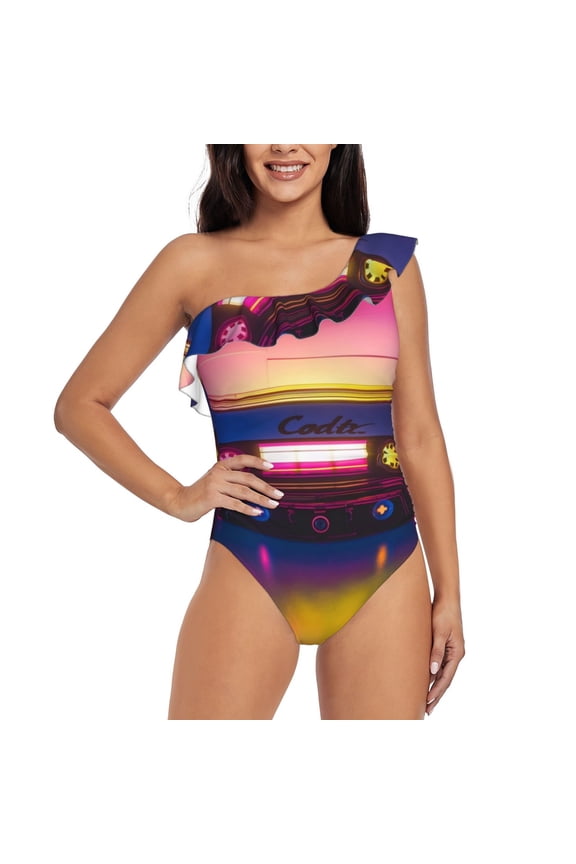 Neon Cassette Tape Pattern Women One Piece Swimsuits Tummy Control One Shoulder Bathing Suits Ruffle Swimwear-Large
