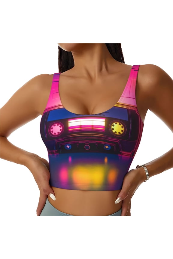 Neon Cassette Tape Print Womens' Sports Bras Scoop Neck Sports Vest- Padded U Back Seamless High Impact Support-XX-Large