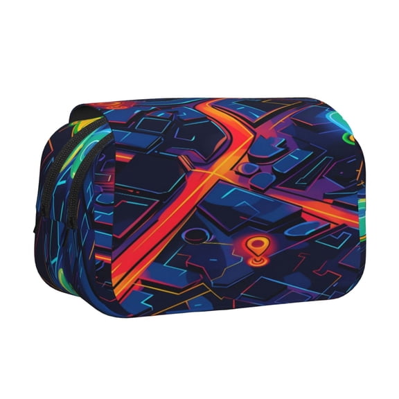 Rateoe Neon City Map Pattern Double Clamshell Pen Case, Storage Organizer with Two Zipper Compartments Holds Up to 50 Pencils & Pens
