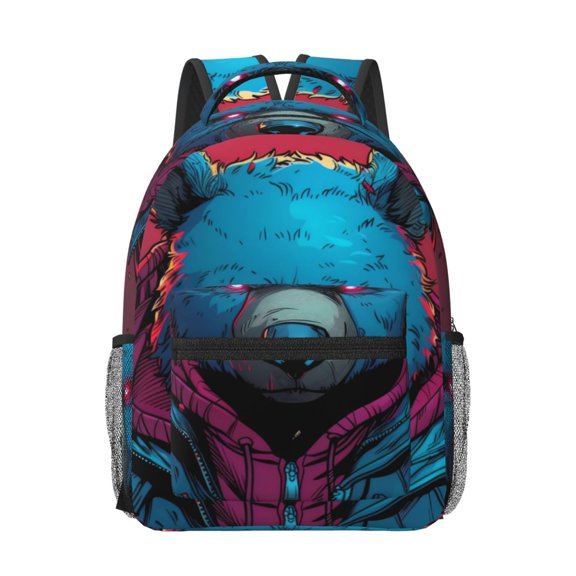 Rateoe Neon Cyberpunk Blue Bear Pattern Durable Student Backpack Laptop Bag- Ergonomic Design, Waterproof Twill Fabric - Ideal for School, Travel, and Outdoor Activities-One Size
