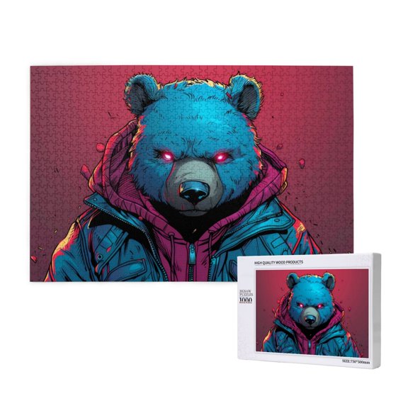 Rateoe Neon Cyberpunk Blue Bear Pattern Wooden Picture Puzzle ,1000 Piece Jigsaw Puzzle ,Family Fun Puzzle, Home Décor Puzzle, Gift Puzzle(Horizontal style)