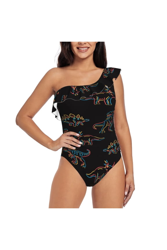 Neon Dinosaur Pattern Women One Piece Swimsuits Tummy Control One Shoulder Bathing Suits Ruffle Swimwear-X-Large