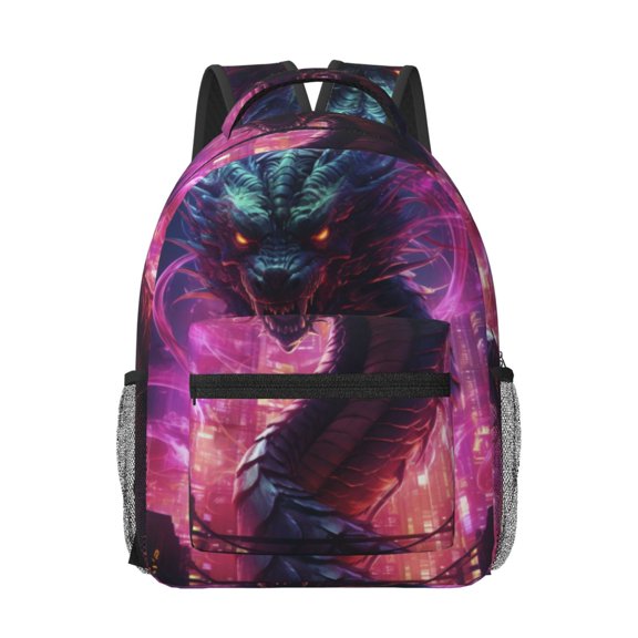 Rateoe Neon Futuristic Dragon Pattern Durable Student Backpack Laptop Bag- Ergonomic Design, Waterproof Twill Fabric - Ideal for School, Travel, and Outdoor Activities