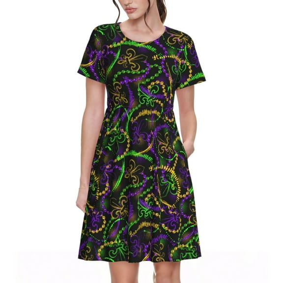 Rateoe Neon Mardi Gras Pattern Women’s Short Sleeve Dress – Casual Elegant Summer A-Line Dress for Everyday Wear