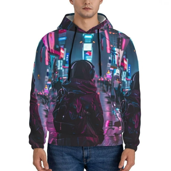 Rateoe Neon Night Cityscape Pattern Mens Hoodie, Pullover Hooded Sweatshirt, Kangaroo Pocket Hoodie Ideal for Daily Wear, Travel and Home-4X-Large