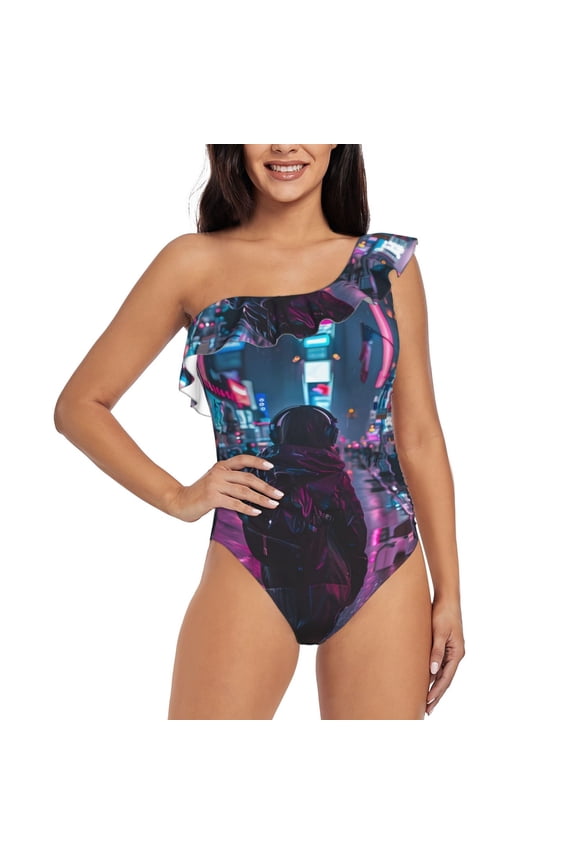 Neon Night Cityscape Pattern Women One Piece Swimsuits Tummy Control One Shoulder Bathing Suits Ruffle Swimwear-Small