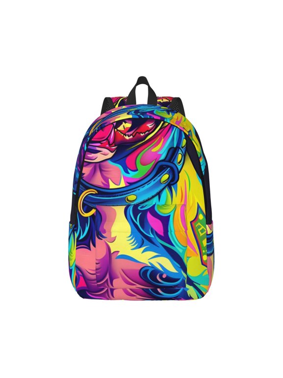 Neon Pop Art Pitbull Pattern Canvas College Laptop Backpack,Travel Daypack,Durable Rucksack Travel Notebook Bag School Backpack Book Bag for Men Women-Small