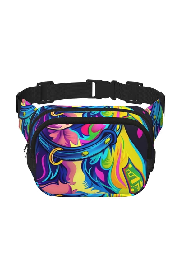 Neon Pop Art Pitbull Print Fanny Pack Belt Bag for Women and Men, Square Double-Layer Waterproof Waist Pack with Adjustable Strap for Hiking, Jogging, Cycling