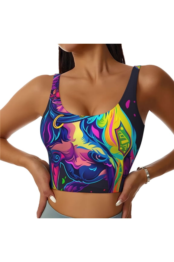 Neon Pop Art Pitbull Print Womens' Sports Bras Scoop Neck Sports Vest- Padded U Back Seamless High Impact Support-Medium