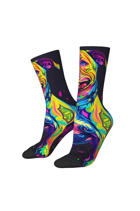 Neon Pop Art Pitbull for Women Casual Calf Socks - Cute Crew Socks - Thin Soft Above Ankle Socks Size 5-11