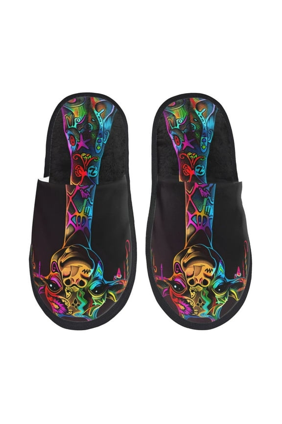 Neon Psychedelic Giraffe Pattern Fuzzy Slippers Fuzzy Soft House Slippers Plush Furry Warm Cozy Open Toe Fluffy Home Shoes-Medium