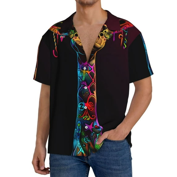 Rateoe Neon Psychedelic Giraffe Pattern Men's Short Sleeve Classic Shirt, Casual Short-Sleeved Shirt, Lightweight Summer Shirt, Cuban Collar Shirt,Button-Front Shirt-Medium