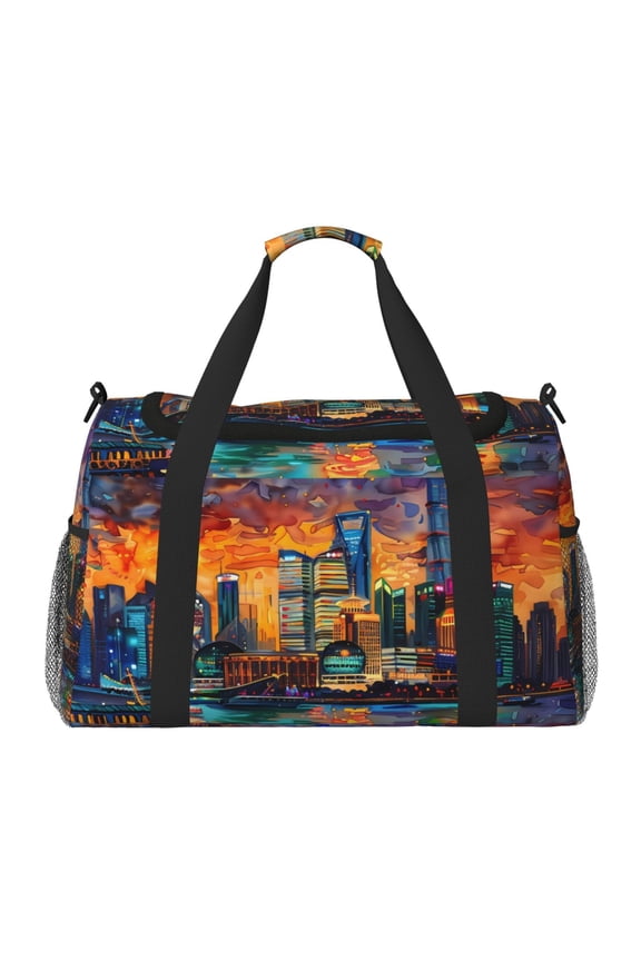 Neon Shanghai Cityscape Night Pattern Gym Bag for Women, Duffle Bag for Travel with Wet Pocket, Carry on Weekender Bags for Women, Water Resistant Travel Bag Duffel Bag