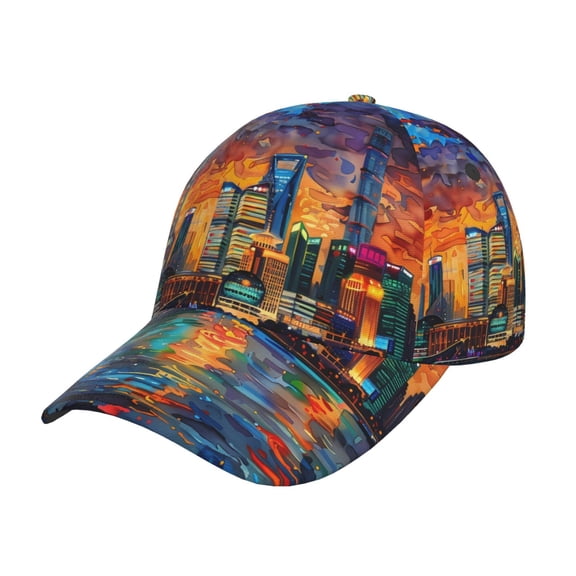 Rateoe Neon Shanghai Cityscape Night Pattern Men’s Baseball Cap – Adjustable Curved Brim Hat, Soft Cotton Sports Cap for Outdoor, Casual, and Everyday Wear, Comfortable & Breathable