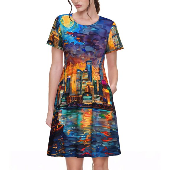 Rateoe Neon Shanghai Cityscape Night Pattern Women’s Short Sleeve Dress – Casual Elegant Summer A-Line Dress for Everyday Wear