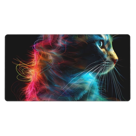 Rateoe Neon Spectrum Cat Portrait Print Mouse Pad - Extended Large Gaming Mousepad,Non-Slip Stitched Edge,16x29.5 Inch