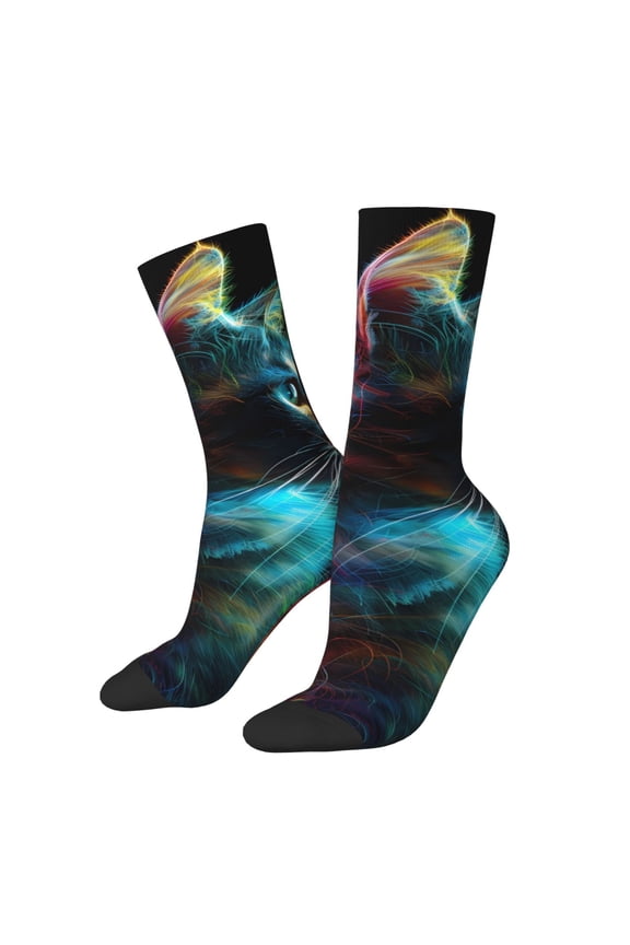 Neon Spectrum Cat Portrait for Women Casual Calf Socks - Cute Crew Socks - Thin Soft Above Ankle Socks Size 5-11