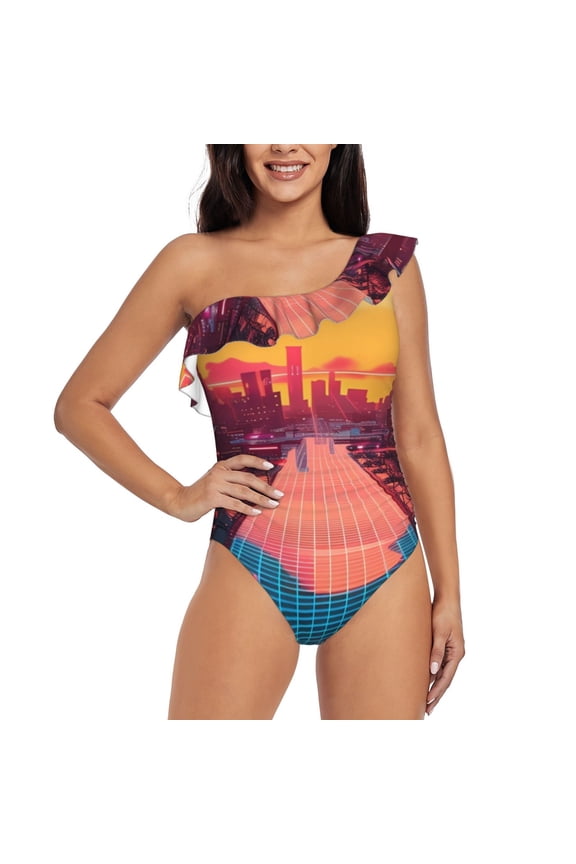 Neon Sunset Cyberpunk Cityscape Pattern Women One Piece Swimsuits Tummy Control One Shoulder Bathing Suits Ruffle Swimwear-