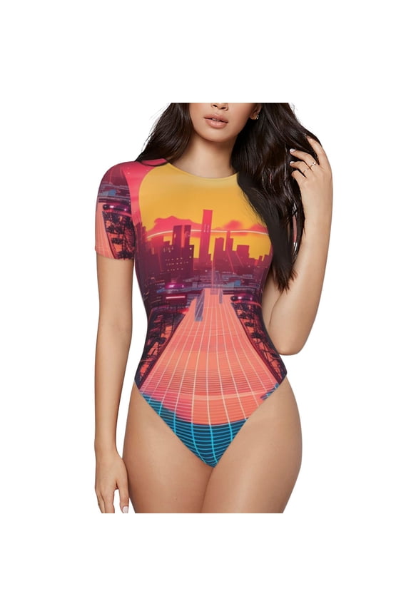 Neon Sunset Cyberpunk Cityscape Printed Women Rash Guard Short Sleeve,Tummy control Swimsuit Surfing Swimsuit Bathing Suit Short-sleeved Onesie UPF 50+ -Small
