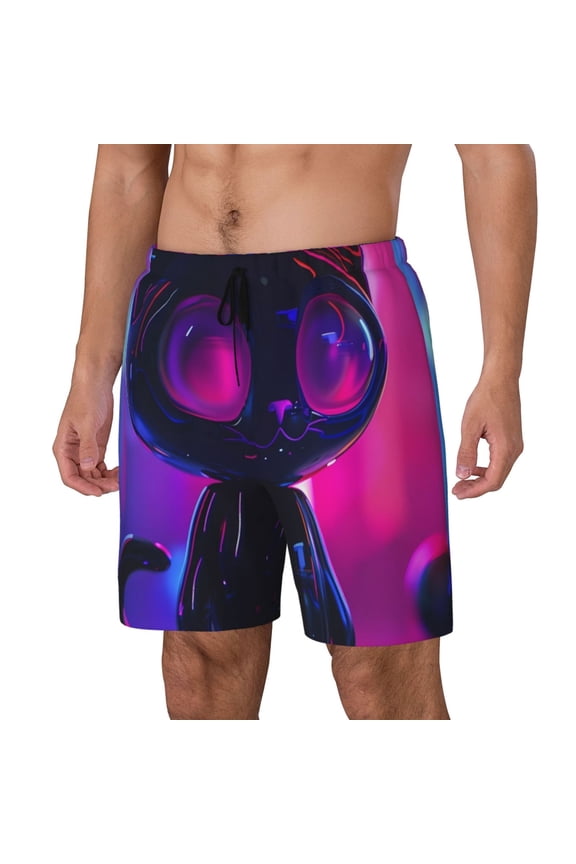 Neon Toy Cat Reflections Pattern Men’s Swim Shorts with Compression Liner – Double-Layered Quick-Dry Swimwear, Comfortable & Stretchy Beach Shorts-X-Large