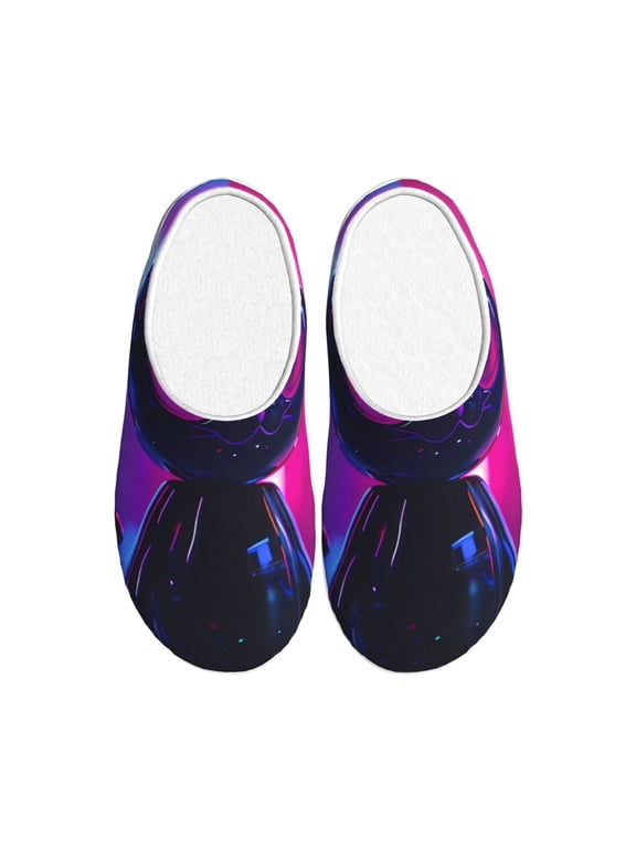 Neon Toy Cat Reflections Print Women's Men's Cotton Knit Slippers Lightweight Memory Foam Indoor House Shoes with Anti-Skid Sole-37/38