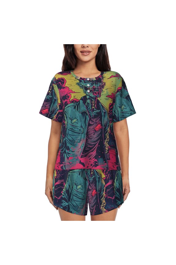 Neon Zombie Skull Pattern Women's Short-Sleeved Pajama Set - 2 Piece Soft and Lightweight Sleepwear Set-Small