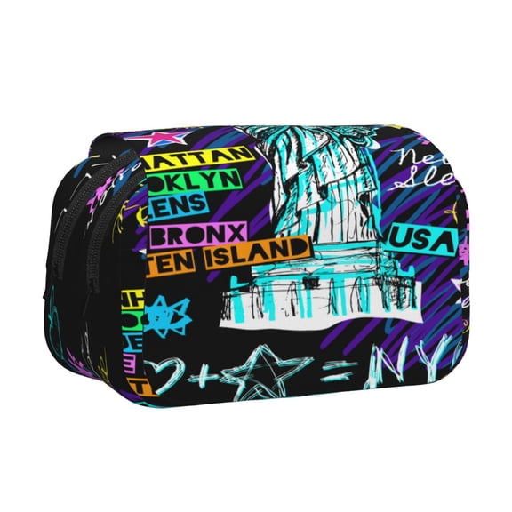 Rateoe New York City Pattern Double Clamshell Pen Case, Storage Organizer with Two Zipper Compartments Holds Up to 50 Pencils & Pens