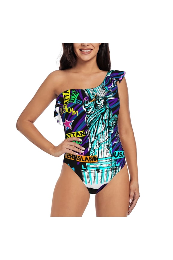 New York City Pattern Women One Piece Swimsuits Tummy Control One Shoulder Bathing Suits Ruffle Swimwear-