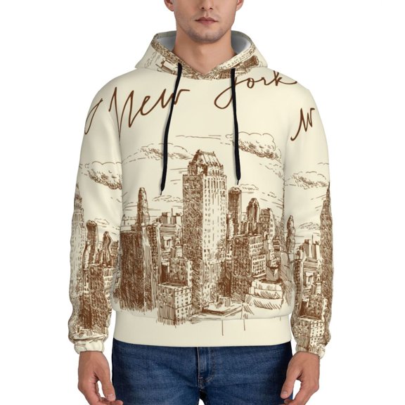 Rateoe New York Pattern Mens Hoodie, Pullover Hooded Sweatshirt, Kangaroo Pocket Hoodie Ideal for Daily Wear, Travel and Home-Large