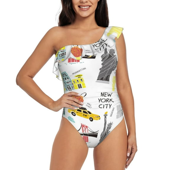 Rateoe New York Pattern Women One Piece Swimsuits Tummy Control One Shoulder Bathing Suits Ruffle Swimwear-XX-Large