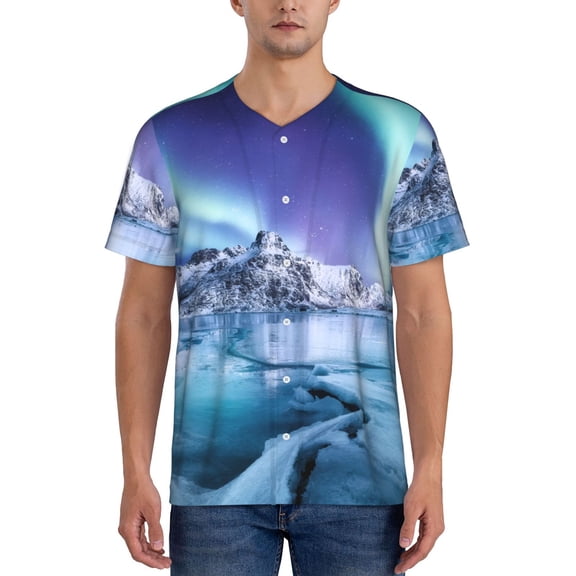 Rateoe Night At Lake Aurora 1 Pattern Men’s Baseball Short Sleeve Polo Shirt, Midweight Men's Shirt Golf Shirt Polo Shirts Quick Dry Short-Large