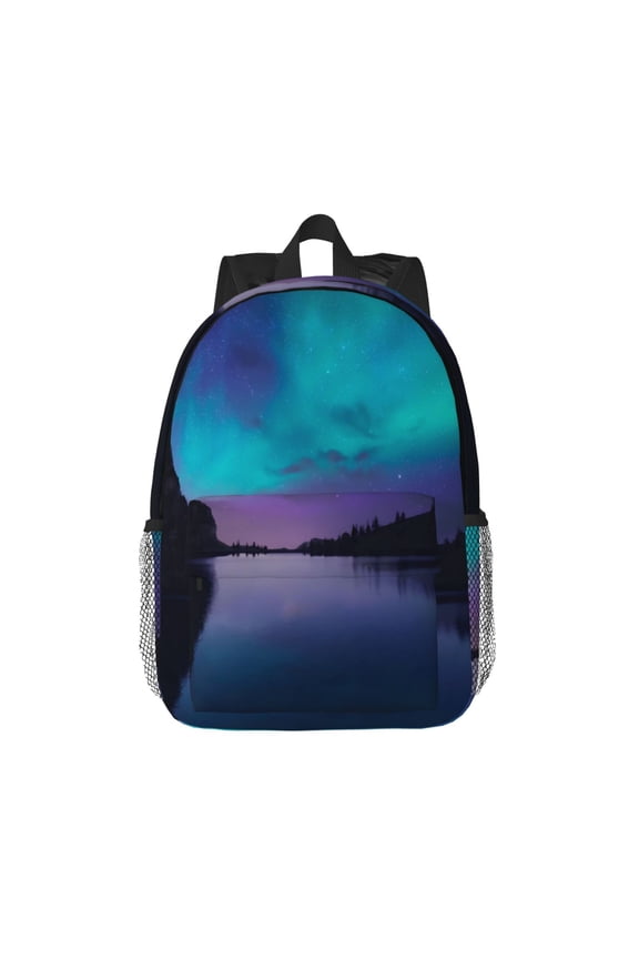 Night At Lake Aurora Pattern Student Backpack Water-resistant Backpack 15-inch Laptop Backpack Lightweight Adjustable School Backpack