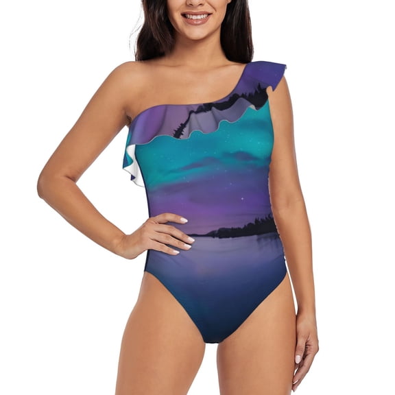 Rateoe Night At Lake Aurora Pattern Women One Piece Swimsuits Tummy Control One Shoulder Bathing Suits Ruffle Swimwear-XX-Large