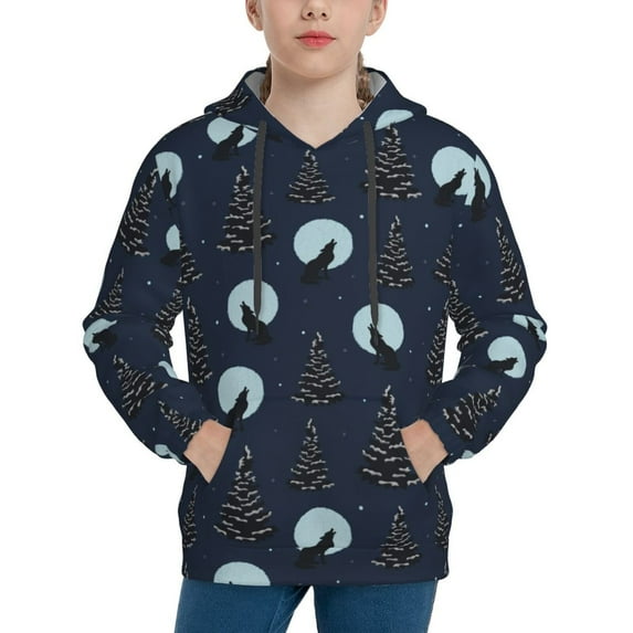 Rateoe Night Forest Wolf Pattern Boys Hoodie, Youth Pullover Hooded Sweatshirt, Kangaroo Pocket Hoodie for Kids-Small