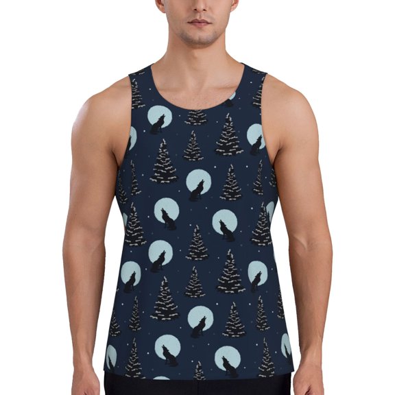 Rateoe Night Forest Wolf Pattern Sleeveless Gym Shirt Muscle Tee Breathable Workout Shirt Slim-Fit Tank Quick Dry Fit Muscle Tank Top Bodybuilding Sleeveless T Shirt-
