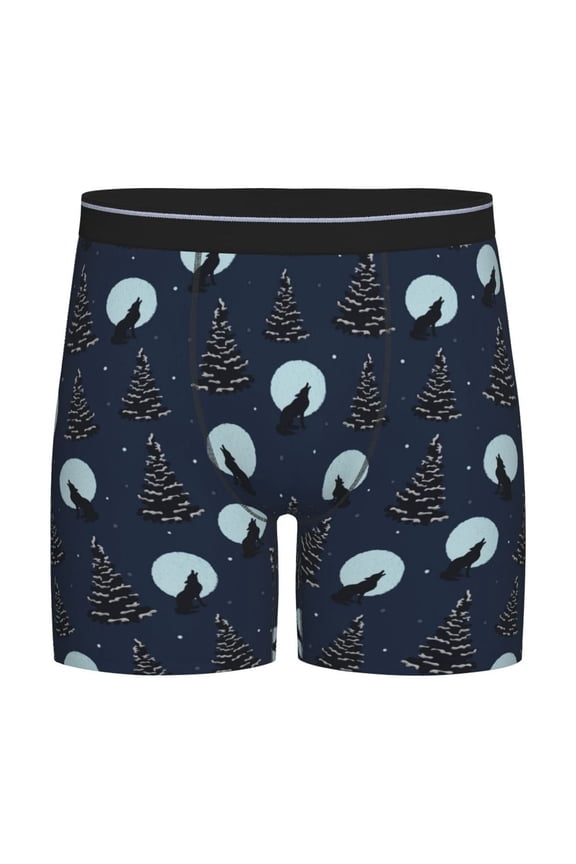 Night Forest Wolf Print Men’s Underwear Boxer Briefs Soft Comfortable Underwear Boxer Briefs, Long Leg Briefs,Anti-chafing Boxer Briefs