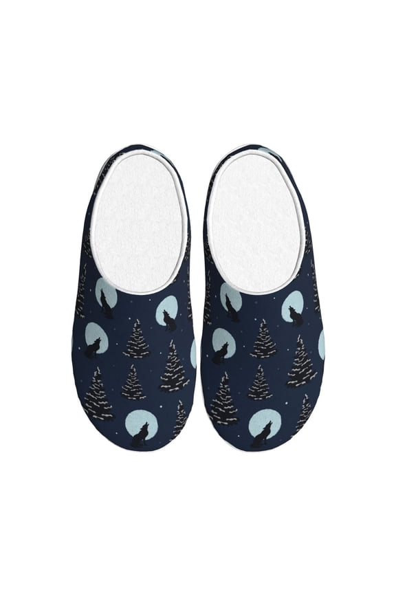 Night Forest Wolf Print Women's Men's Cotton Knit Slippers Lightweight Memory Foam Indoor House Shoes with Anti-Skid Sole-42/43