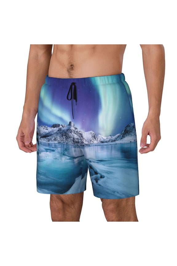 Night At Lake Aurora 1 Pattern Men’s Swim Shorts with Compression Liner – Double-Layered Quick-Dry Swimwear, Comfortable & Stretchy Beach Shorts-Large
