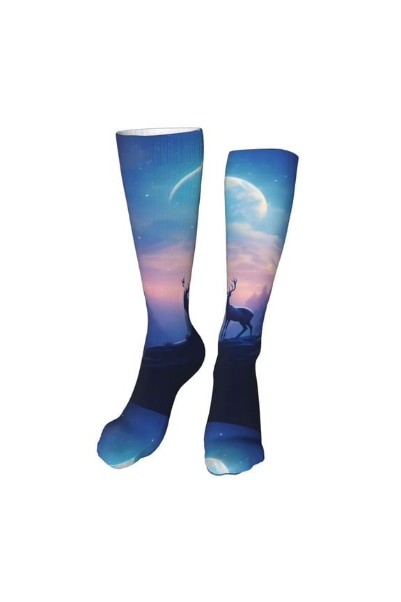 Night Sky Elk print Women's Men's Novelty 20in Crew Socks Cotton Socks Knee High Socks for Walking,Running,Nurses,Pregnancy-One Size