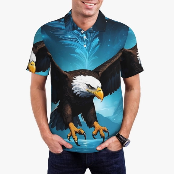 Rateoe Night Sky Forest Bald Eagle Pattern Men's Short Sleeve Polo Shirts, Golf Polo Shirts Short Sleeve Performance Moisture Wicking Dry-X-Large