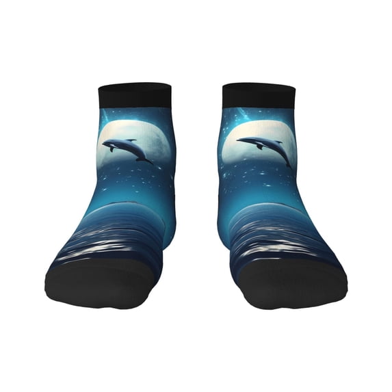 Rateoe Night Sky Moon Dolphin Pattern Quarter Crew Socks,Toe Seamed Ankle Socks,Cotton Cushioned Breathable Athletic Crew Sports Socks