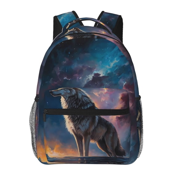 Rateoe Night Sky Wolf Pattern Casual Backpack for School, Work, Travel Adjustable Straps, Multiple Compartments Ergonomic Design, Fits Laptops and Tablets