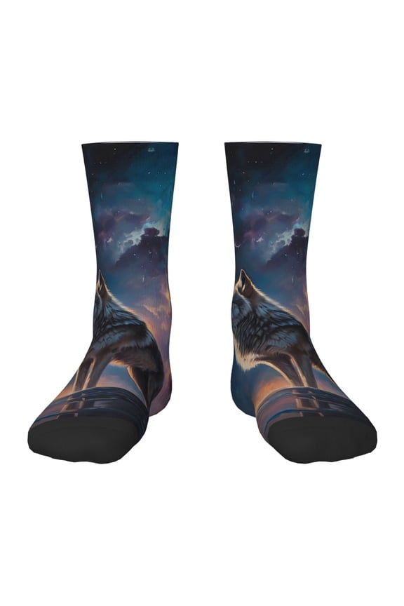 Night Sky Wolf Pattern Children's Socks, Socks Gifts ,kids Crew Soft Cotton Socks , Moisture-Wicking, Durable, Ideal for Daily Wear & Sports