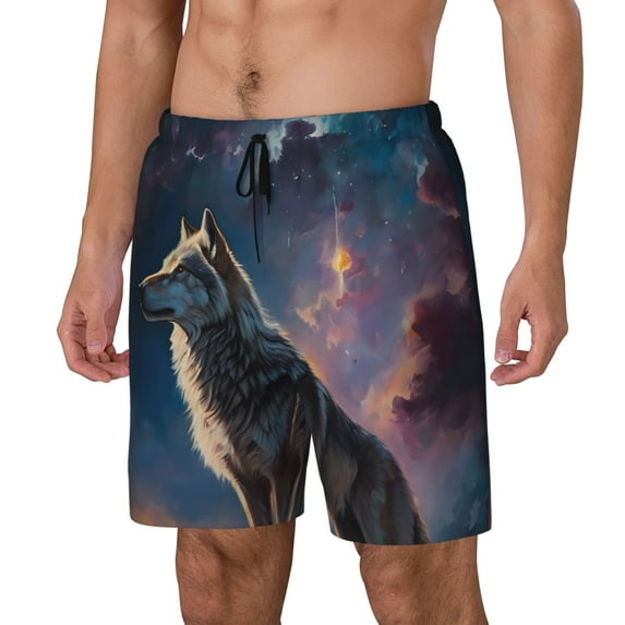 Rateoe Night Sky Wolf Pattern Men’s Swim Shorts with Compression Liner – Double-Layered Quick-Dry Swimwear, Comfortable & Stretchy Beach Shorts-X-Large