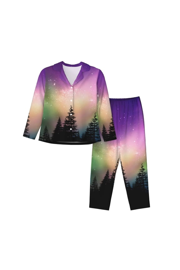 Northern Lights Pattern Womens Pajamas Set Long Sleeve Sleepwear Button Down Nightwear Soft Cotton Pj Lounge Sets-Small