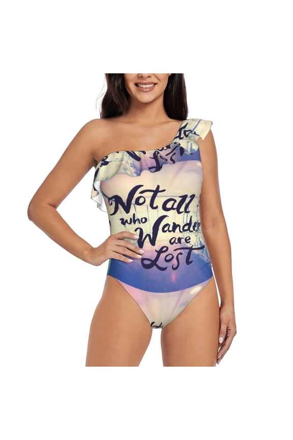 Not All Those Who Wander Are Lost Pattern Women One Piece Swimsuits Tummy Control One Shoulder Bathing Suits Ruffle Swimwear-X-Large