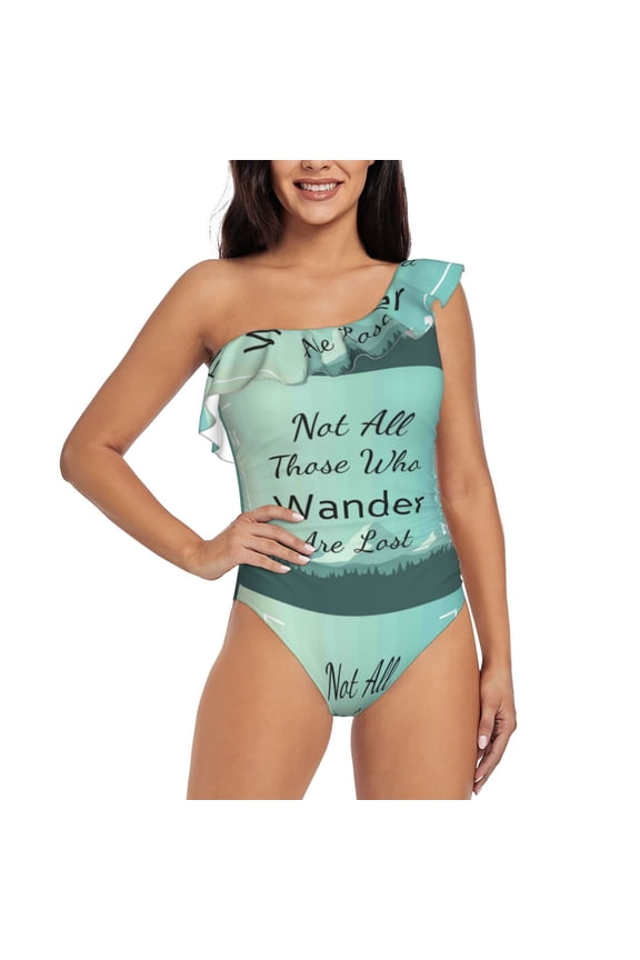 Not All Those Who Wander Are Lost1 Pattern Women One Piece Swimsuits Tummy Control One Shoulder Bathing Suits Ruffle Swimwear-Large